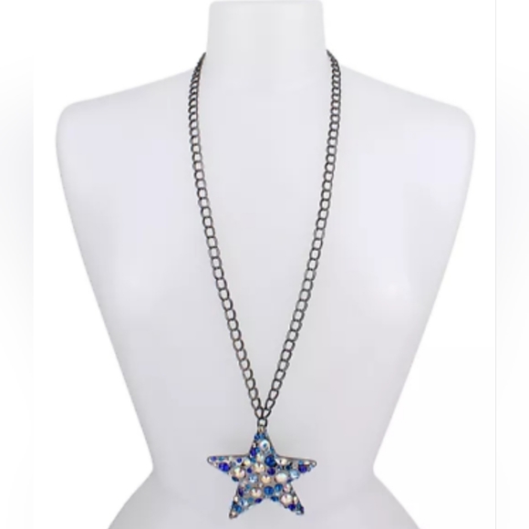 Betsey Johnson Large Blue Rhinestone Star Necklace - Picture 3 of 5